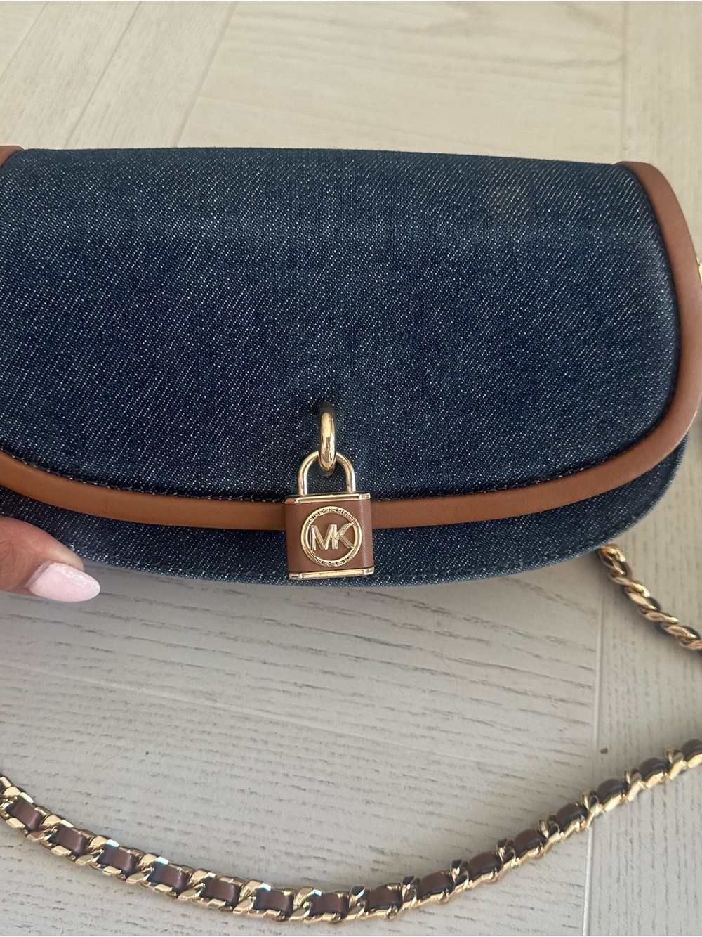 Michael Kors Navy Denim and Brown Leather-Trim Crossbody with Gold Chain - Picture 3 of 16